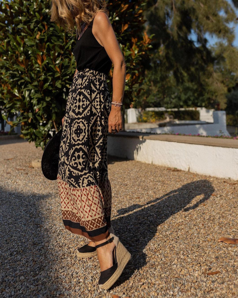 Bedrukte Boho Maxirok met vloeiende snit en franjes – Yalina