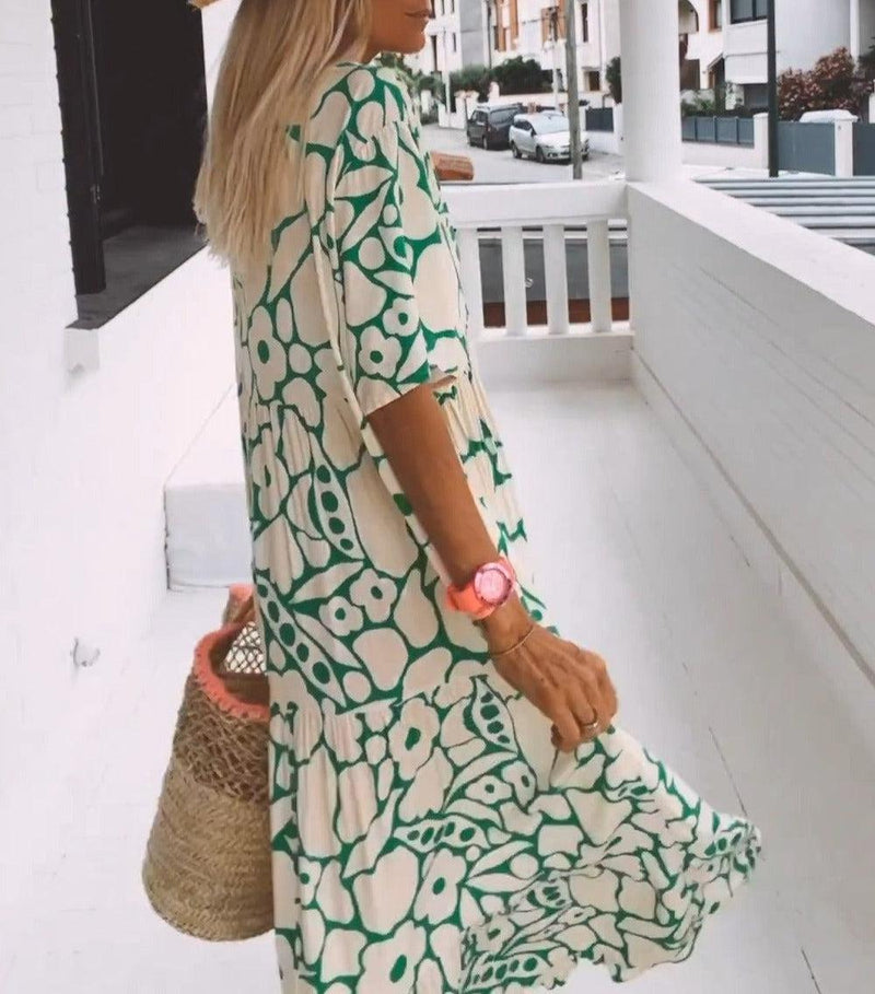 Groene Maxi Jurk met Korte Mouwen en Print – Elisa