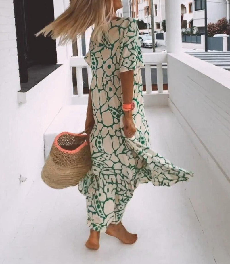 Groene Maxi Jurk met Korte Mouwen en Print – Elisa