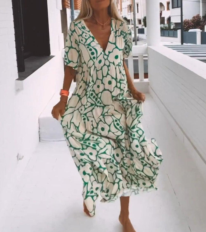 Groene Maxi Jurk met Korte Mouwen en Print – Elisa