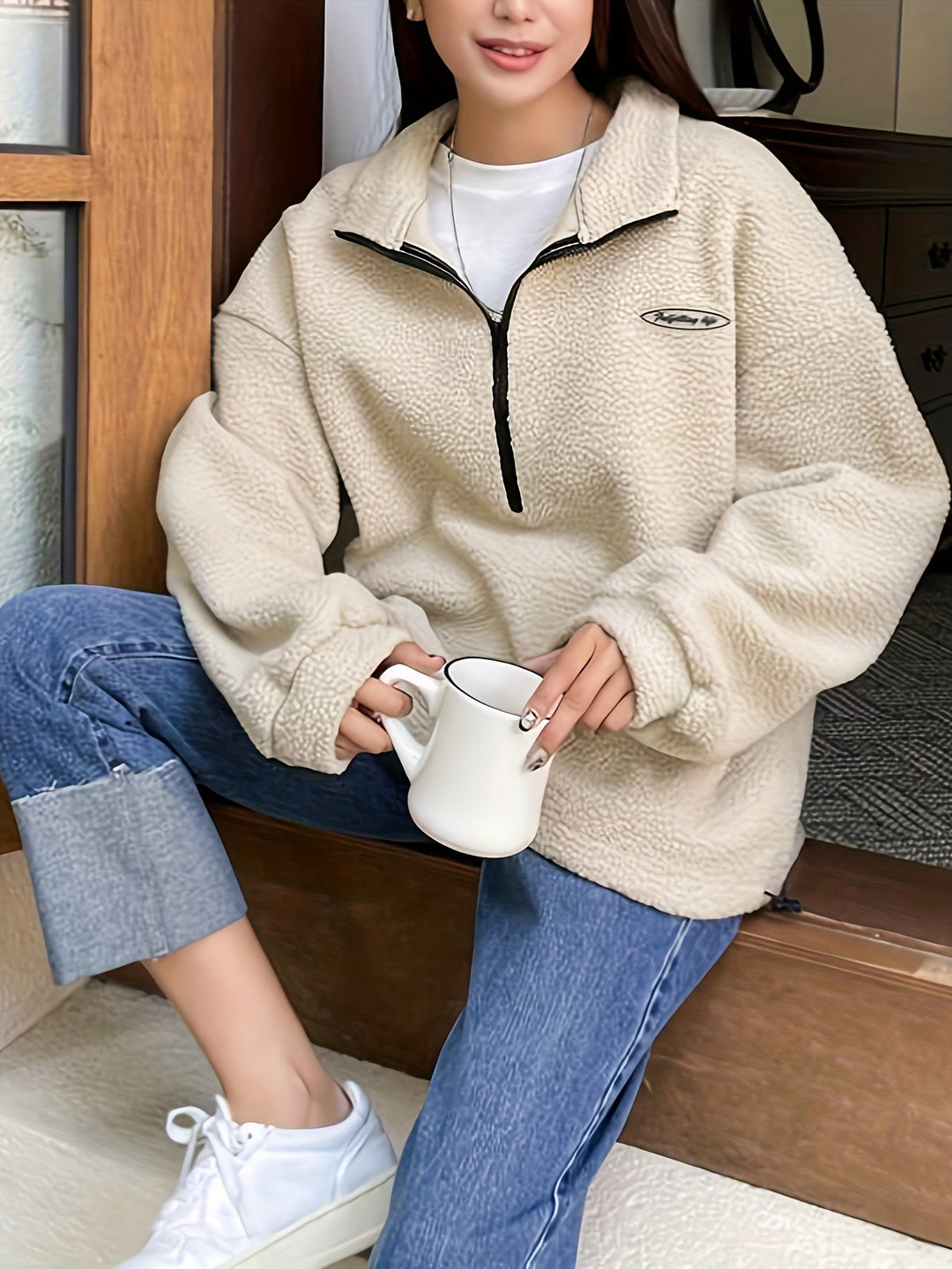 Effen Pullover Sweatshirt met Ritssluiting - Nina