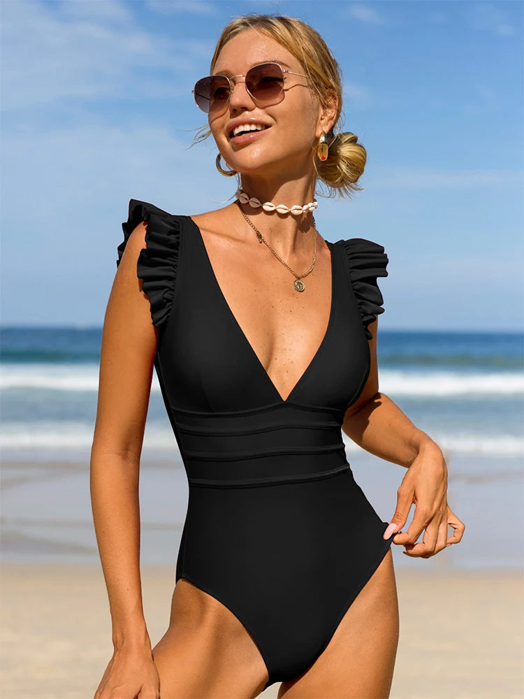 LA ORCHID Dames badpak V-hals Eendelig Push-up badmode zwempak Vrouwen hoge taille buikweg, 48