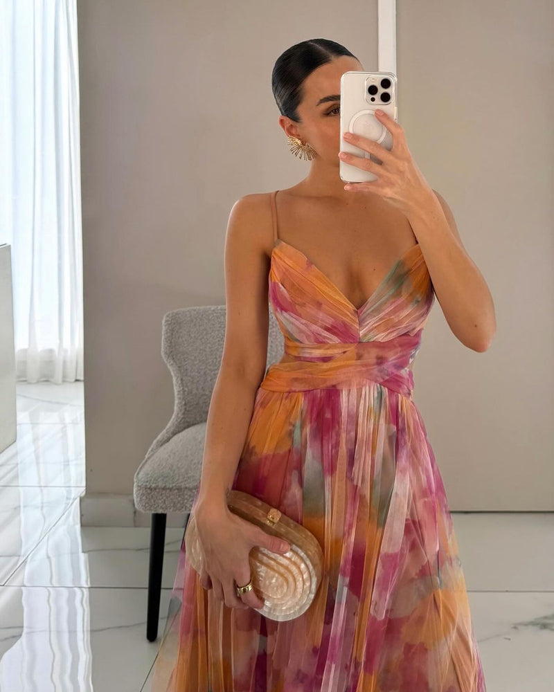 Stijlvolle Mesh Maxi Jurk met Getailleerde Pasvorm – Camille