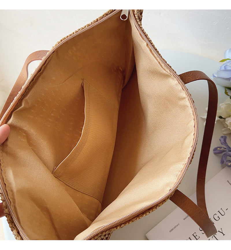 Riet Geweven Tas met Leren Banden - SummerBreeze Tote