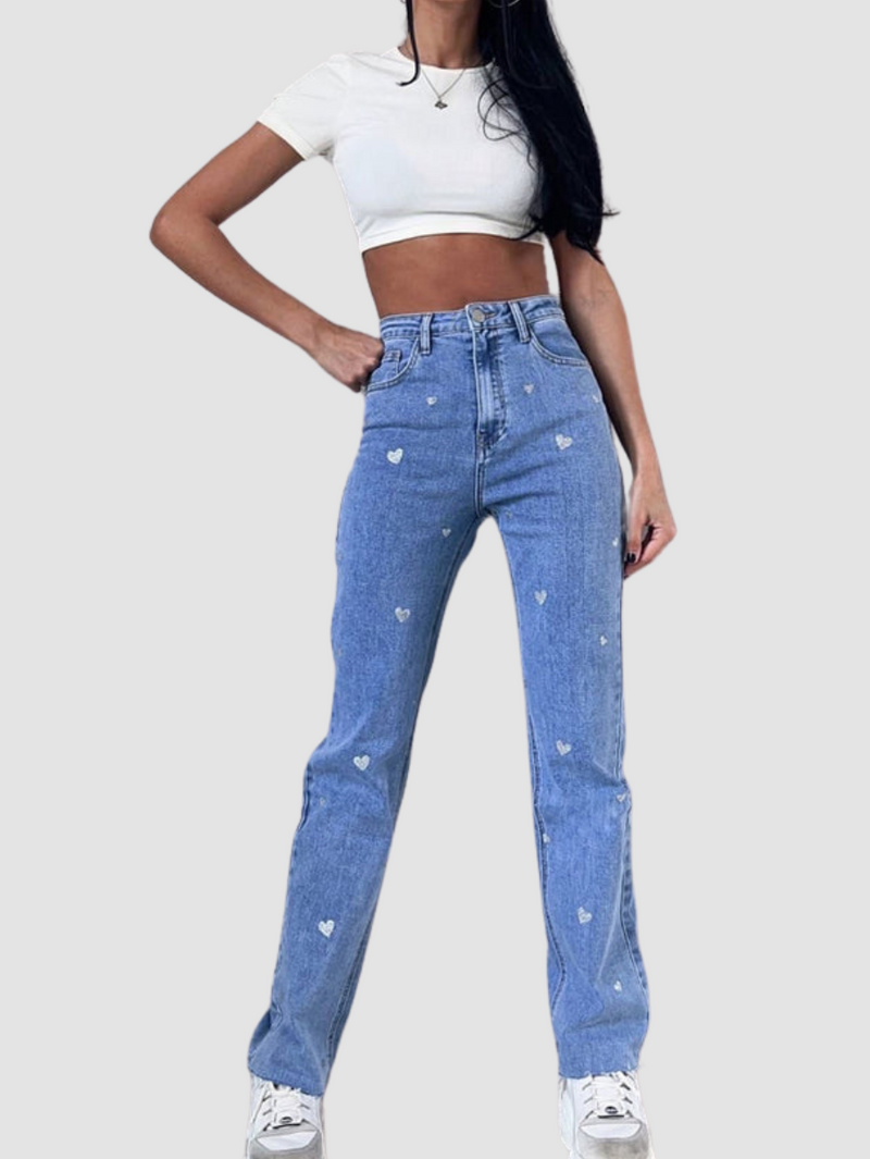Dames Stretch Jeans met Wijde Pijpen en Hartjesprint - Amelie