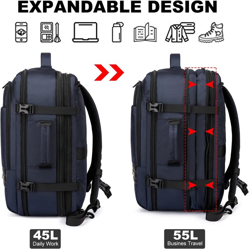 Uitbreidbare 45L–55L waterbestendige reiserugzak met 18" laptopvak