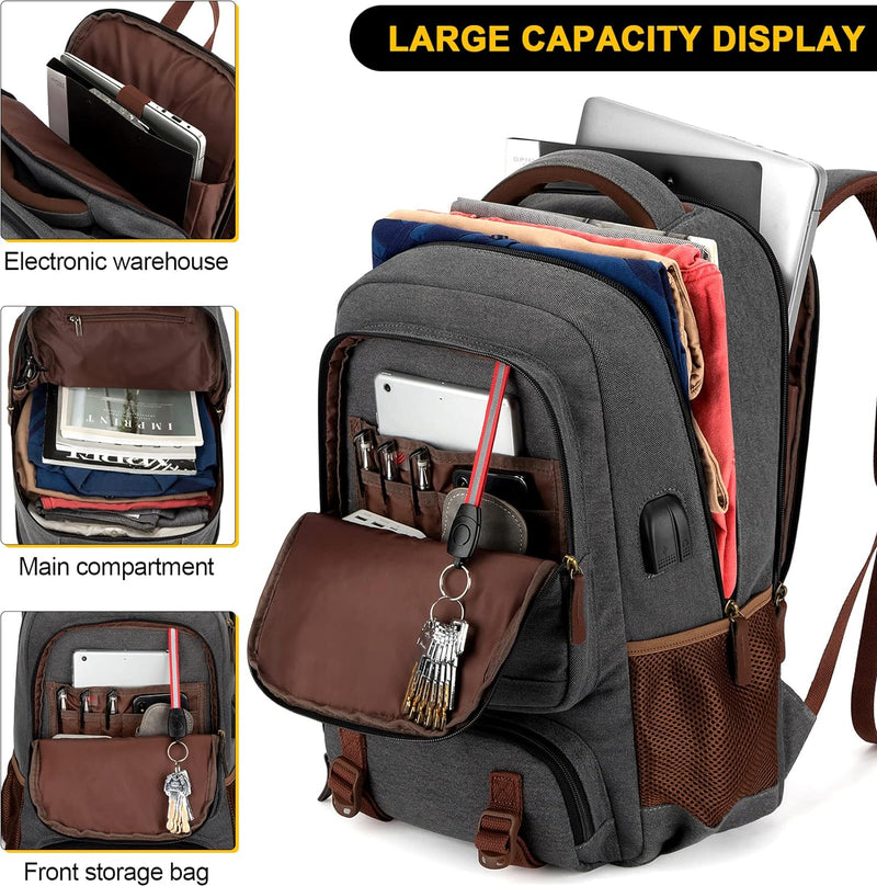 Anti-Diefstal Canvas Laptop- & Reisrugzak met USB-poort – Geschikt voor laptops tot 17,3"