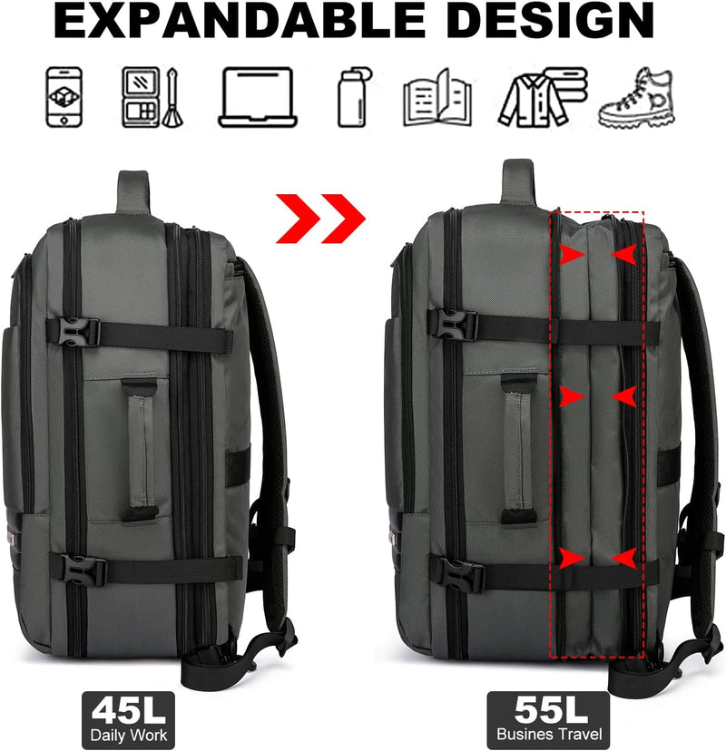 Uitbreidbare 45L–55L waterbestendige reiserugzak met 18" laptopvak