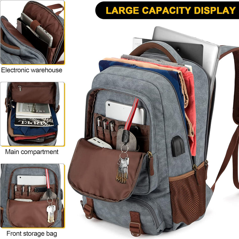 Anti-Diefstal Canvas Laptop- & Reisrugzak met USB-poort – Geschikt voor laptops tot 17,3"