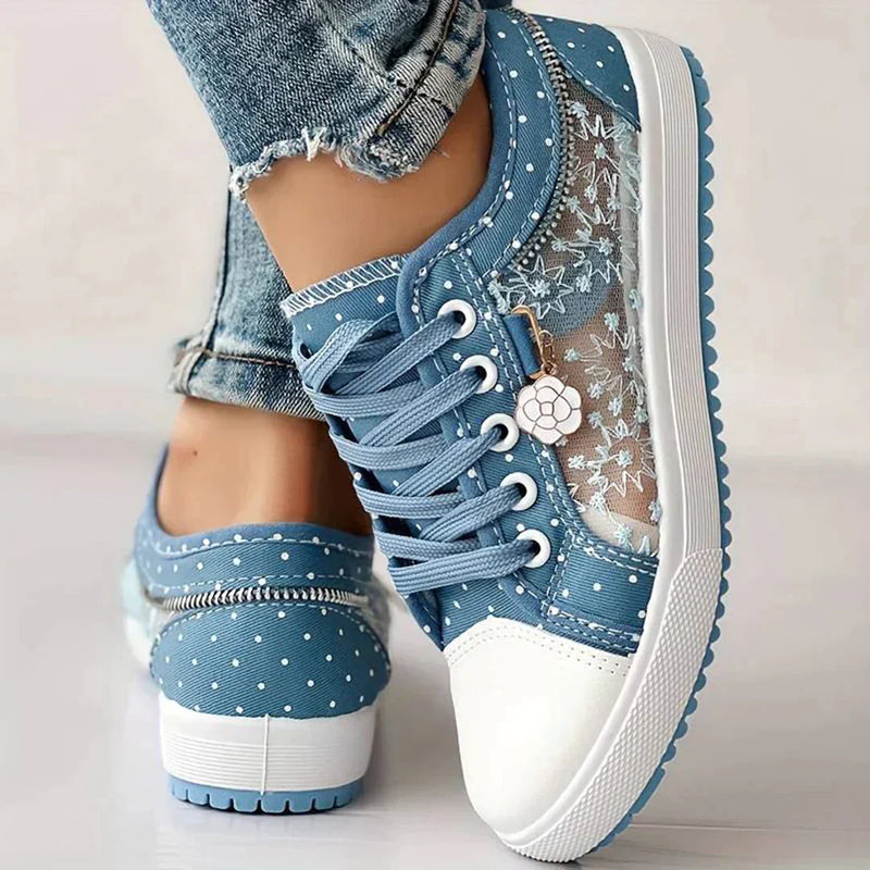 Ademend Dames Canvas Sneakers met Bloemenkant - Celina