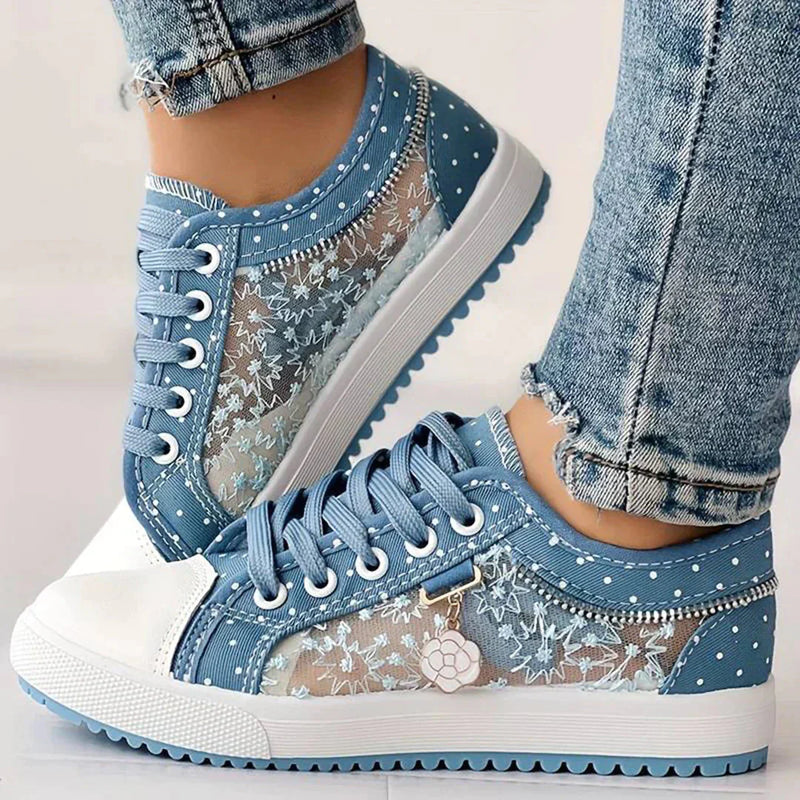 Ademend Dames Canvas Sneakers met Bloemenkant - Celina