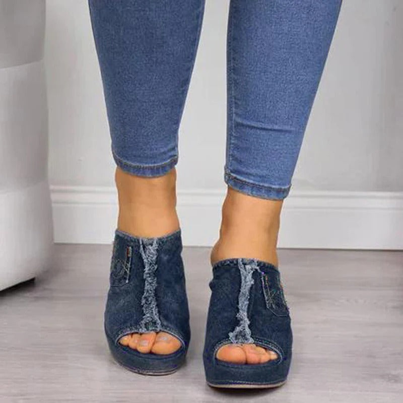 Dames Denim Sandalen met Wedge Hak – Elisabetta