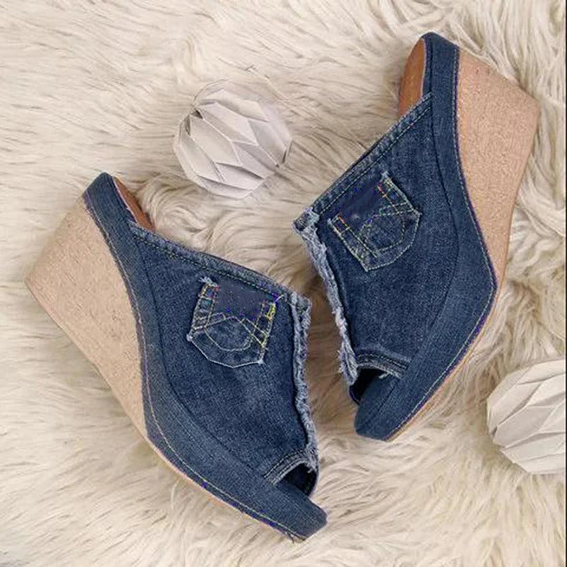 Dames Denim Sandalen met Wedge Hak – Elisabetta