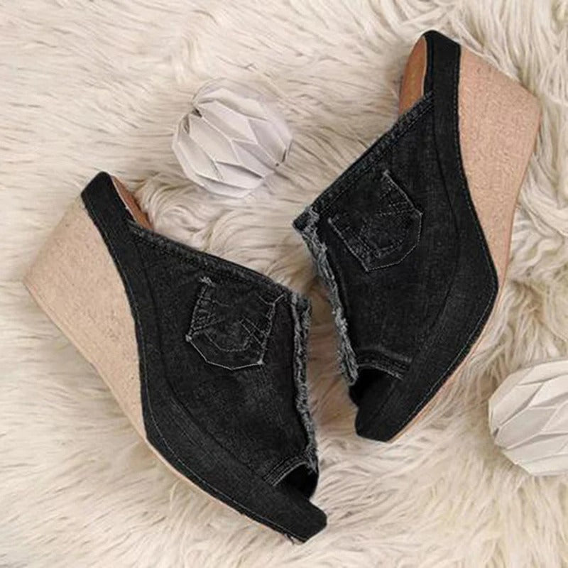 Dames Denim Sandalen met Wedge Hak – Elisabetta
