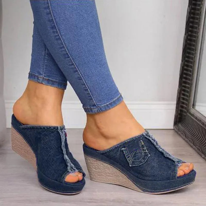 Dames Denim Sandalen met Wedge Hak – Elisabetta