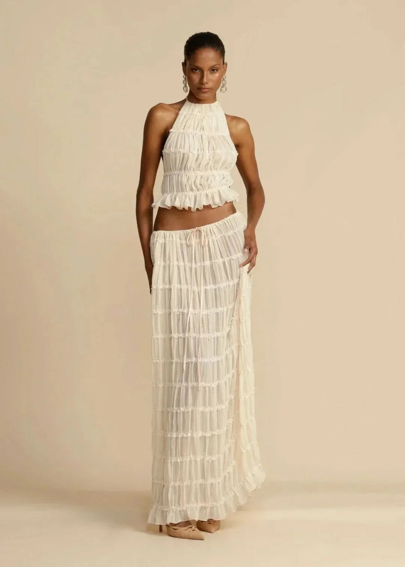 Tweedelige zomeroutfit voor dames met een Boho-rok en een schoudervrije top – Alina