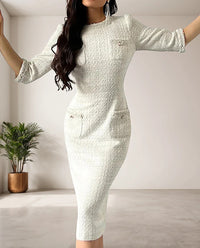 Chique Witte Tweed Jurk met Ronde Hals - Eveline