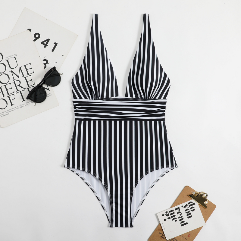 Trendy Dames Badpak met V-hals en Streeppatroon – Lina