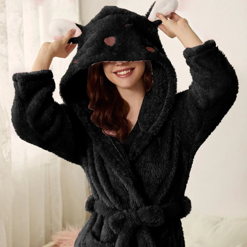 Warme Flanellen badjas met capuchon en konijnenoren - BunnyHug