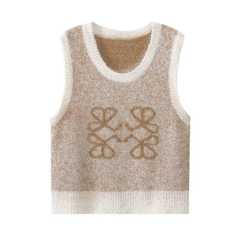 Beige Gebreide Dames Top met Vintage Jacquardpatroon – Mireille