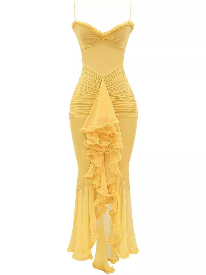 Trendige maxi jurk met ruches en spaghettibandjes - Loyza