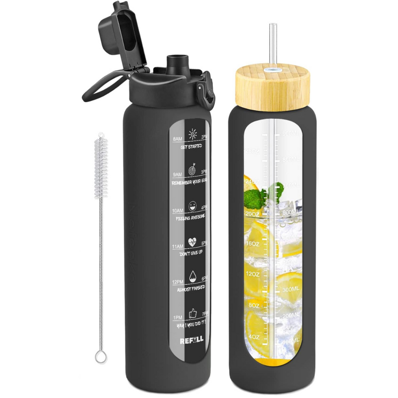 900 ml Motivational Glas Waterfles met Rietje – Lekvrij, BPA-vrij, Herbruikbaar