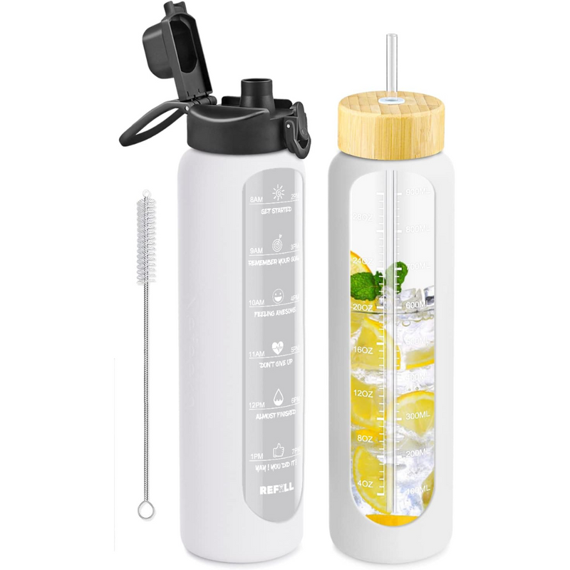 900 ml Motivational Glas Waterfles met Rietje – Lekvrij, BPA-vrij, Herbruikbaar