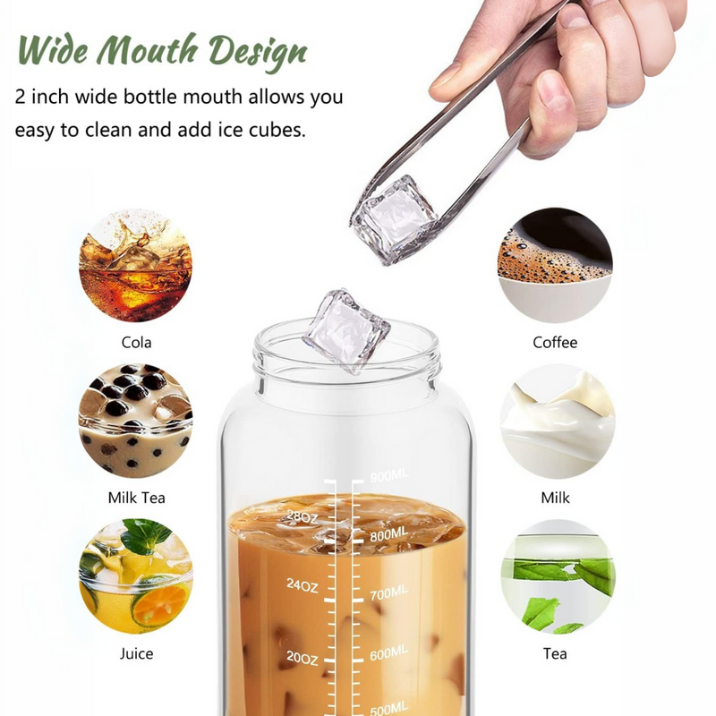 900 ml Motivational Glas Waterfles met Rietje – Lekvrij, BPA-vrij, Herbruikbaar