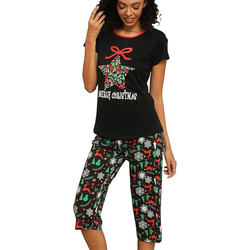 Korte Mouwen Top & Capri Broek Kerst Damespyjama - CapriComfort