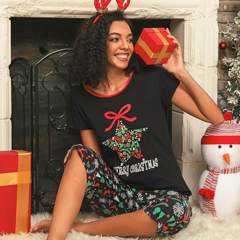 Korte Mouwen Top & Capri Broek Kerst Damespyjama - CapriComfort