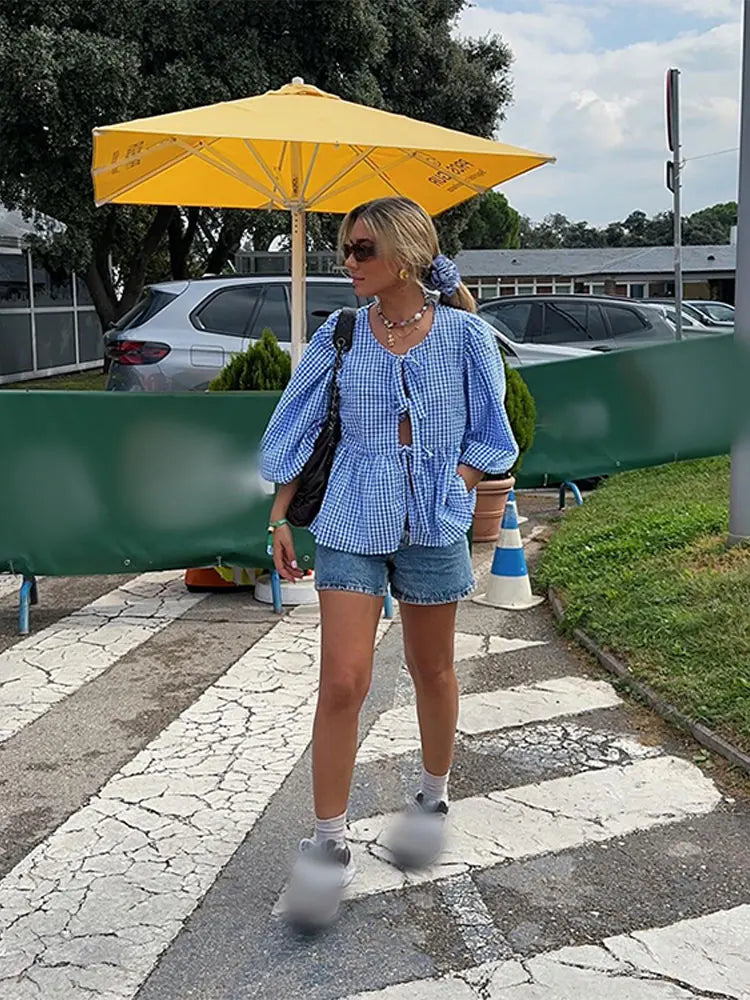 Geruite Dames Blouse met Pofmouwen – Maeve