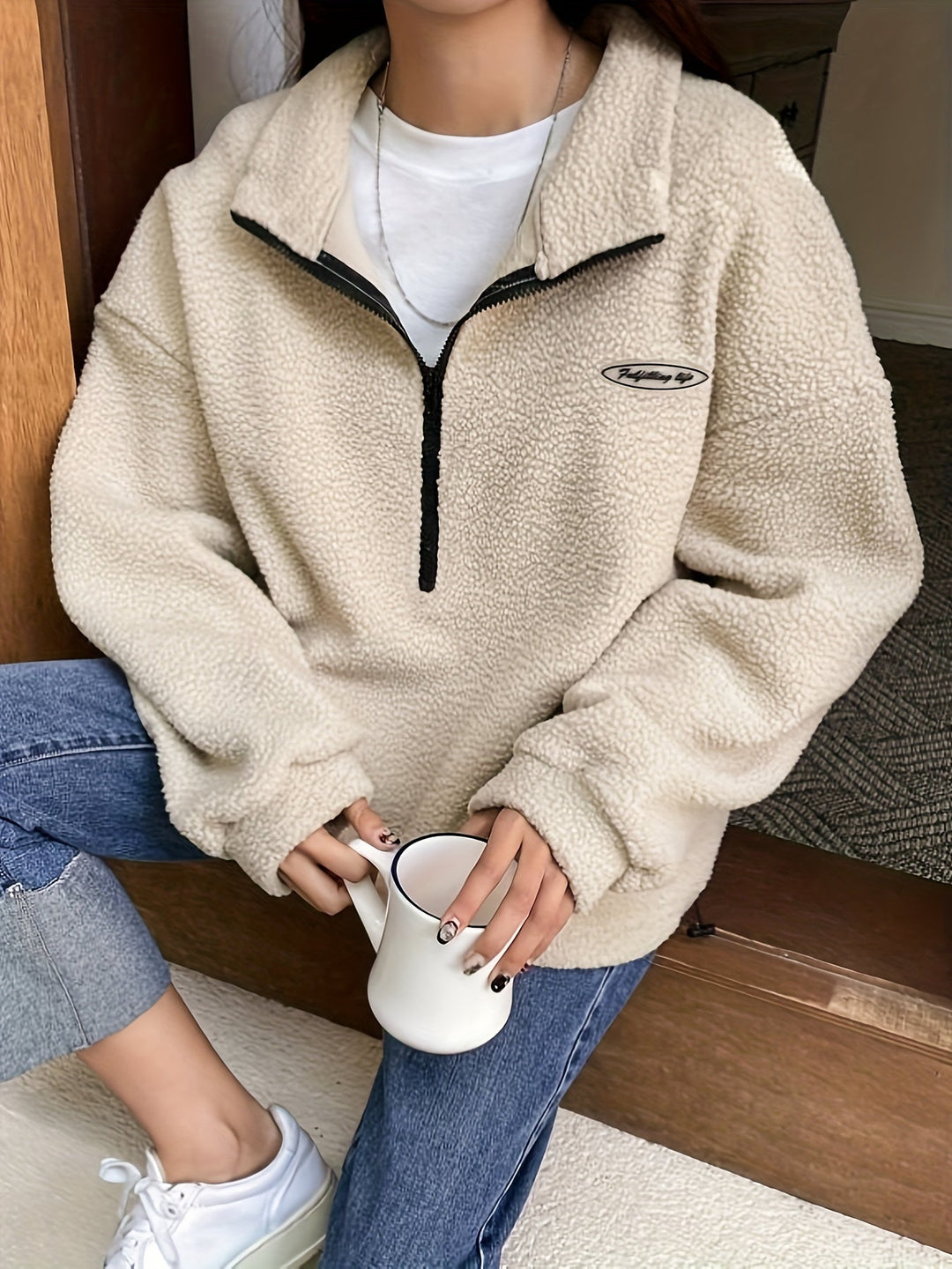 Effen Pullover Sweatshirt met Ritssluiting - Nina