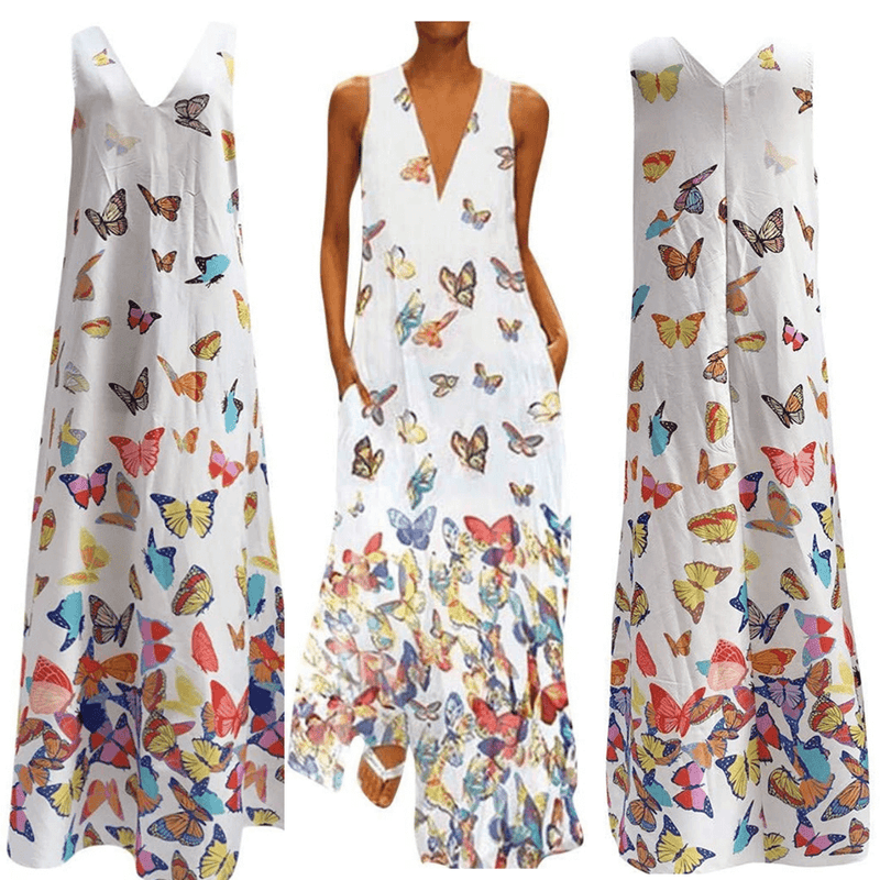 Trendy Mouwloos Maxi Zomerjurk met Vlinderpatroon – Malia