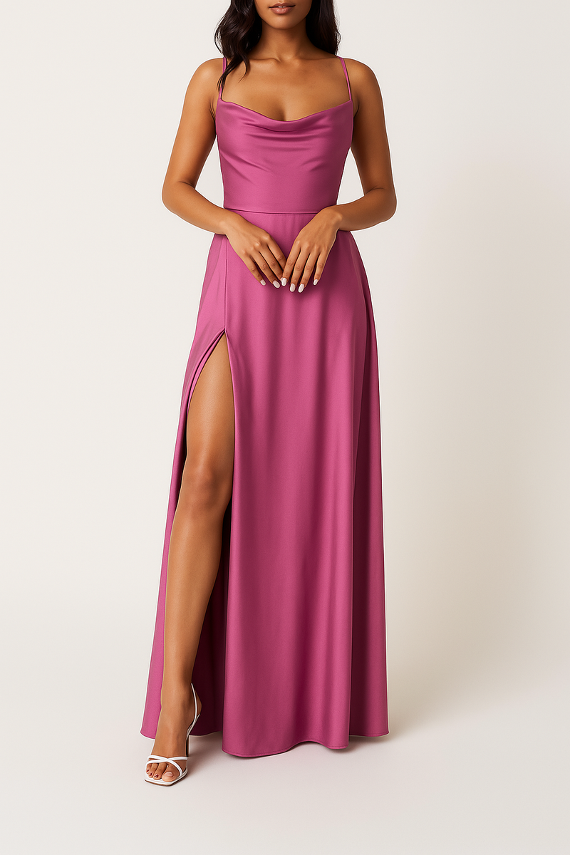 Mouwloze zijden maxi jurk met hoge split – Serena