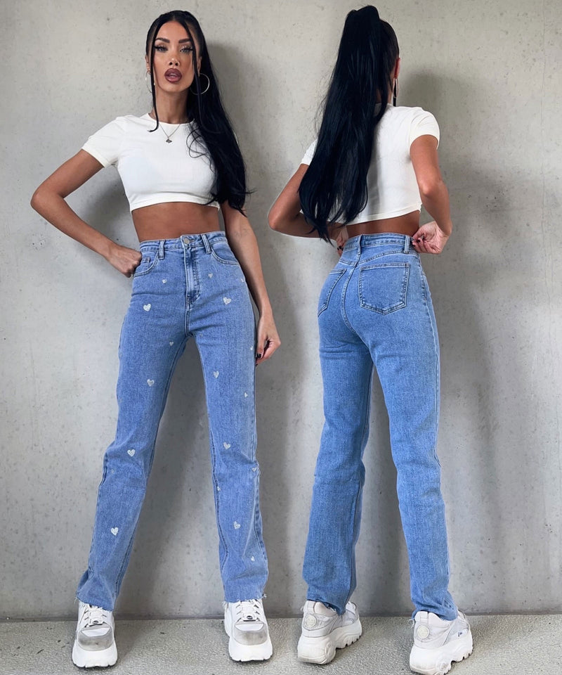Dames Stretch Jeans met Wijde Pijpen en Hartjesprint - Amelie