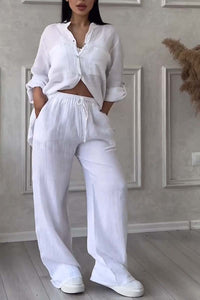 Trendy tweedelige linnen dames set met blouse en wijde broek - Lina