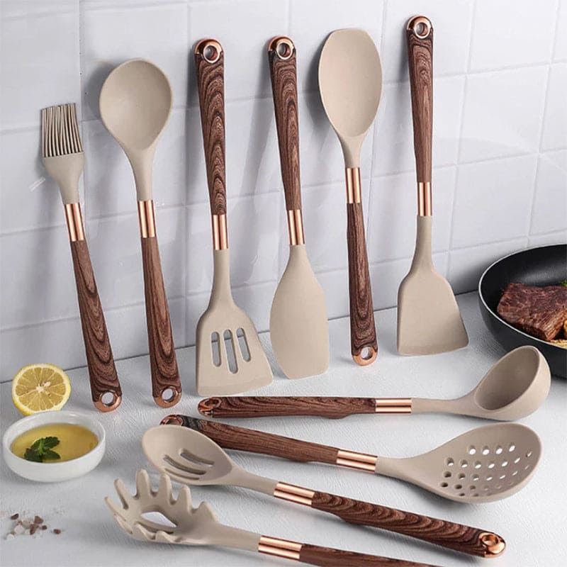 Keukengereedschap van Voedselveilig Siliconen met Houten Handvat - KitchenElegance