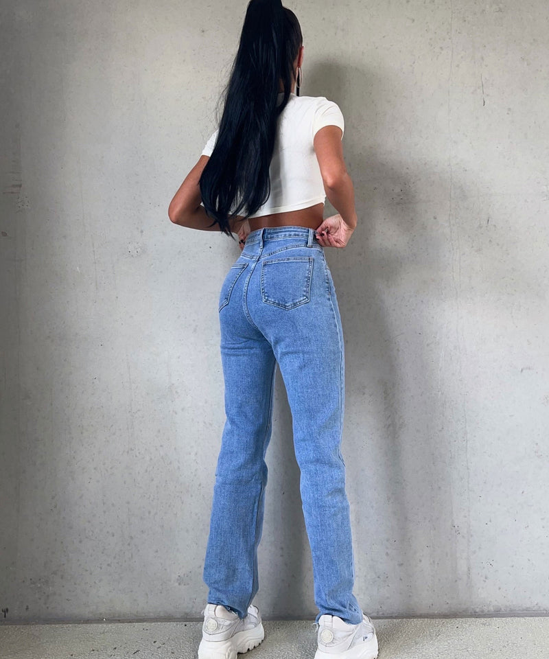 Dames Stretch Jeans met Wijde Pijpen en Hartjesprint - Amelie