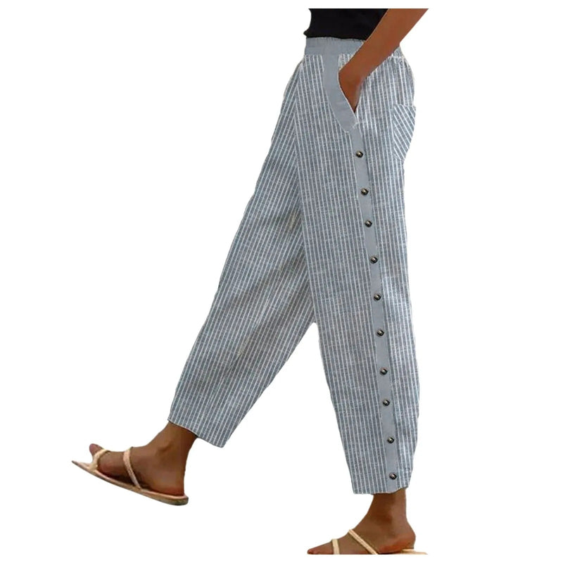 Gestreepte Hoge Taille Damesbroek met Decoratieve Knopen - Florence