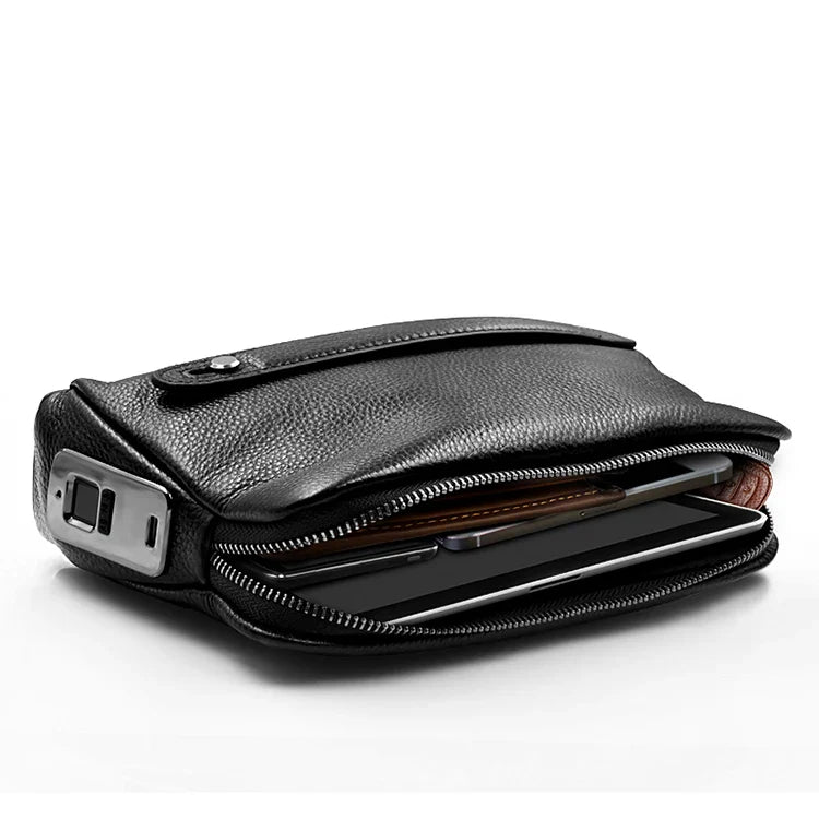 Leren Heren Anti-Diefstal Clutch met Vingerafdrukslot – Zwart