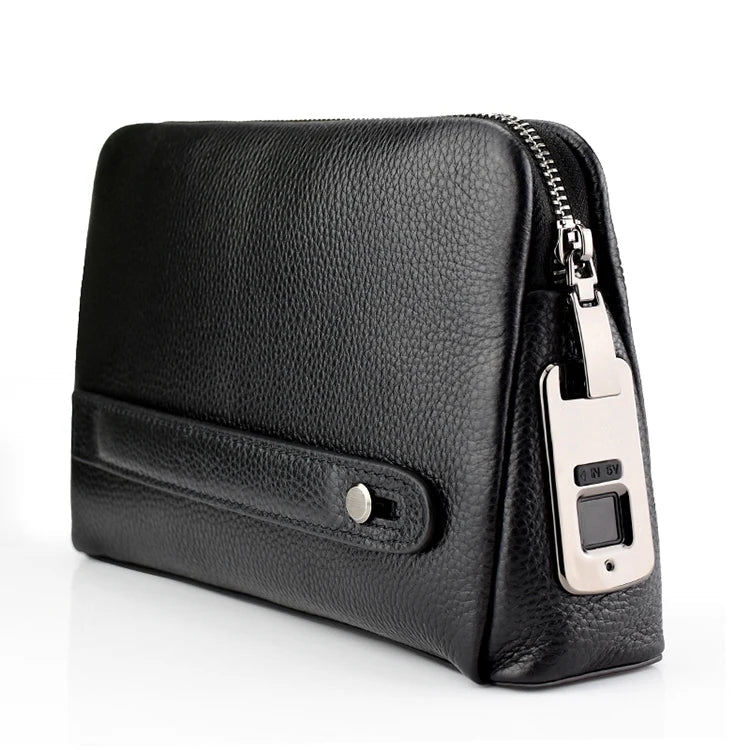 Leren Heren Anti-Diefstal Clutch met Vingerafdrukslot – Zwart