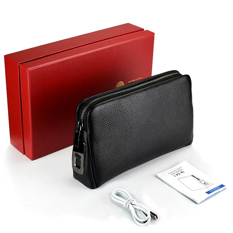 Leren Heren Anti-Diefstal Clutch met Vingerafdrukslot – Zwart