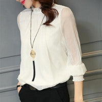 Stijlvolle dames chiffon blouse met ruches en transparante mouwen – Elina