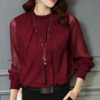 Stijlvolle dames chiffon blouse met ruches en transparante mouwen – Elina