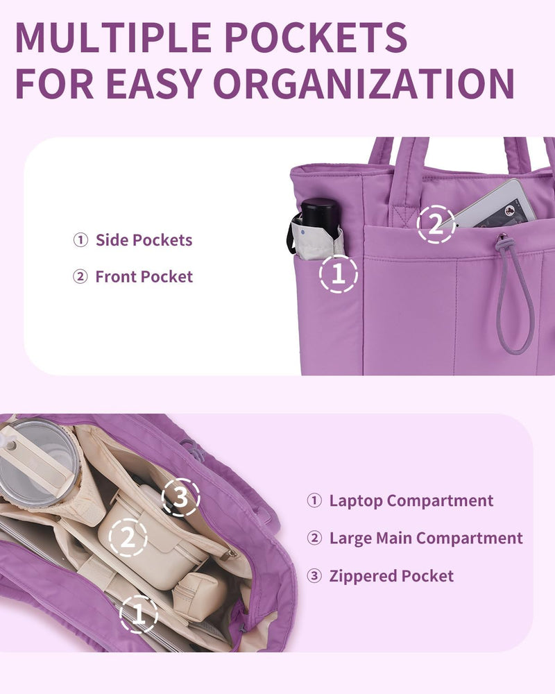Gewatteerde Puffer Schoudertas met Bekerhouder & Laptop Sleeve voor Reizen en Werk