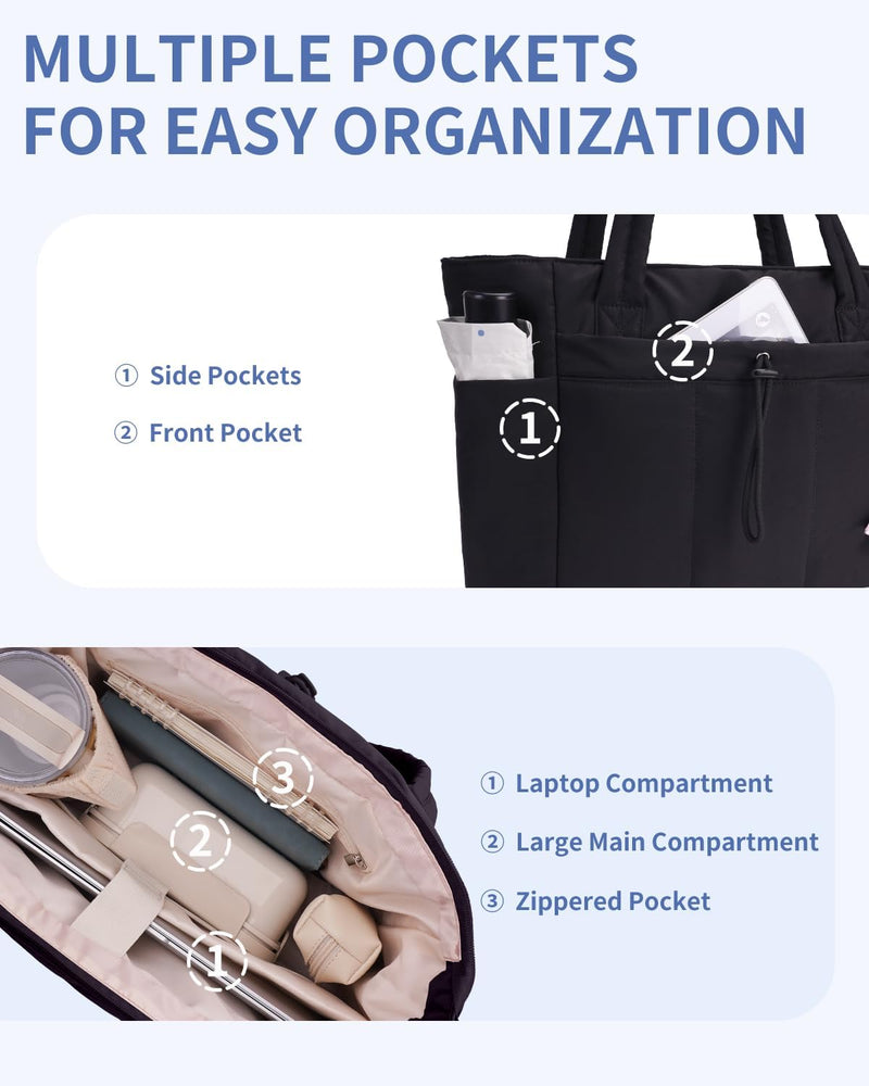 Gewatteerde Puffer Schoudertas met Bekerhouder & Laptop Sleeve voor Reizen en Werk