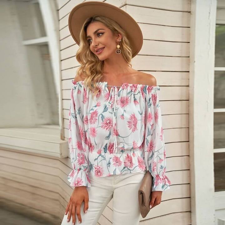Gebloemde dames chiffon blouse met ruches mouwen – Elvira
