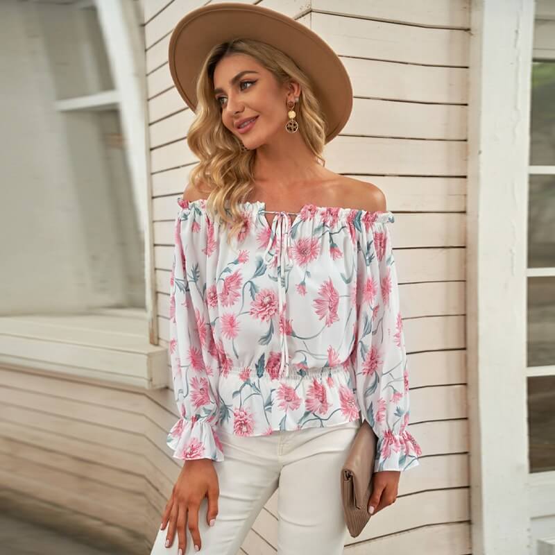 Gebloemde dames chiffon blouse met ruches mouwen – Elvira