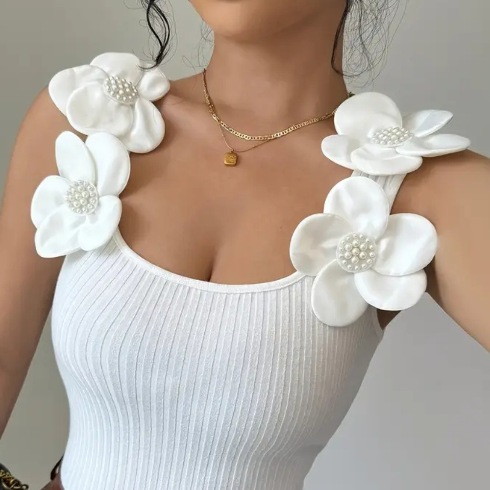 Trendy Witte Mouwloze Dames Top met Bloemdetails - Elara