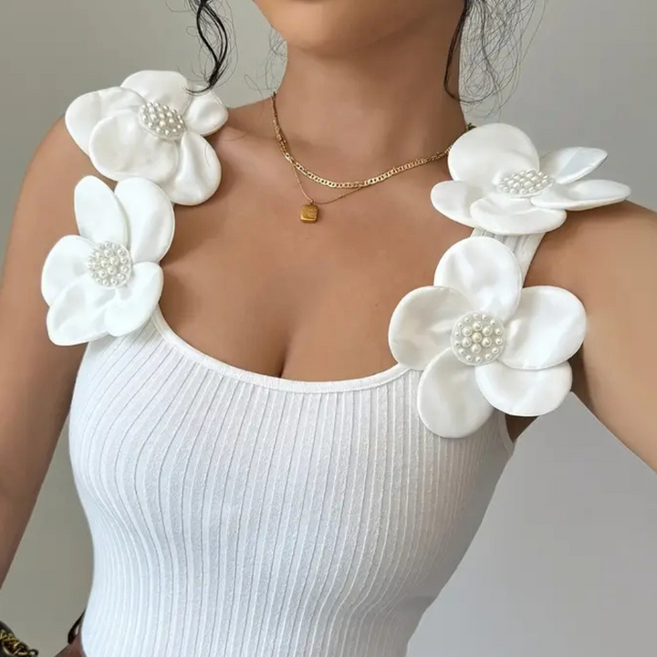 Trendy Witte Mouwloze Dames Top met Bloemdetails - Elara